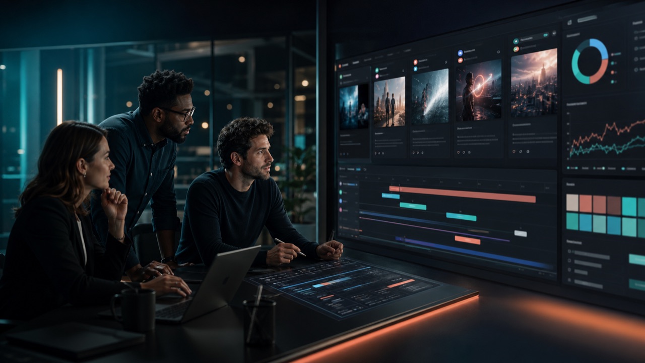 A marketing team reviewing their brand's content and AI-visibility dashboard together