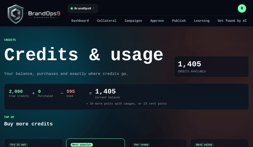 Screenshot of the Plans, credits and usage screen
