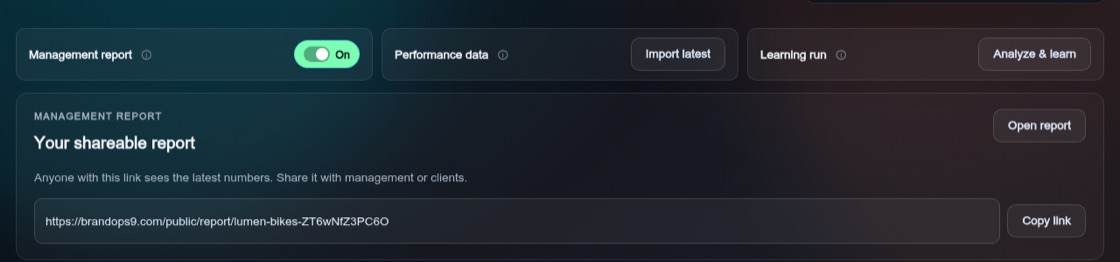 Screenshot of the Share a management report screen