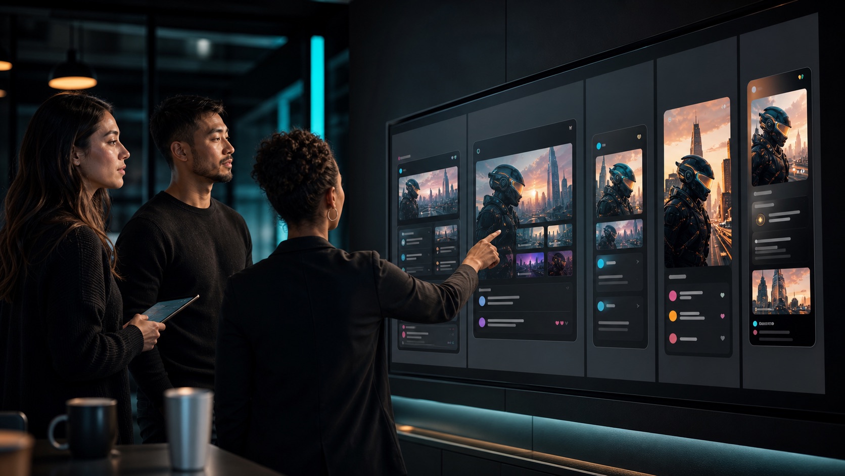 Marketing team reviewing multi-platform campaign content previews
