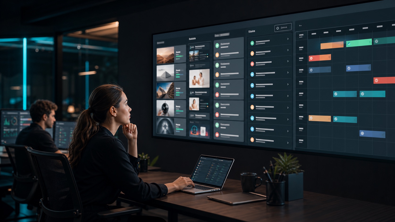 Marketing operator reviewing an organized content pipeline