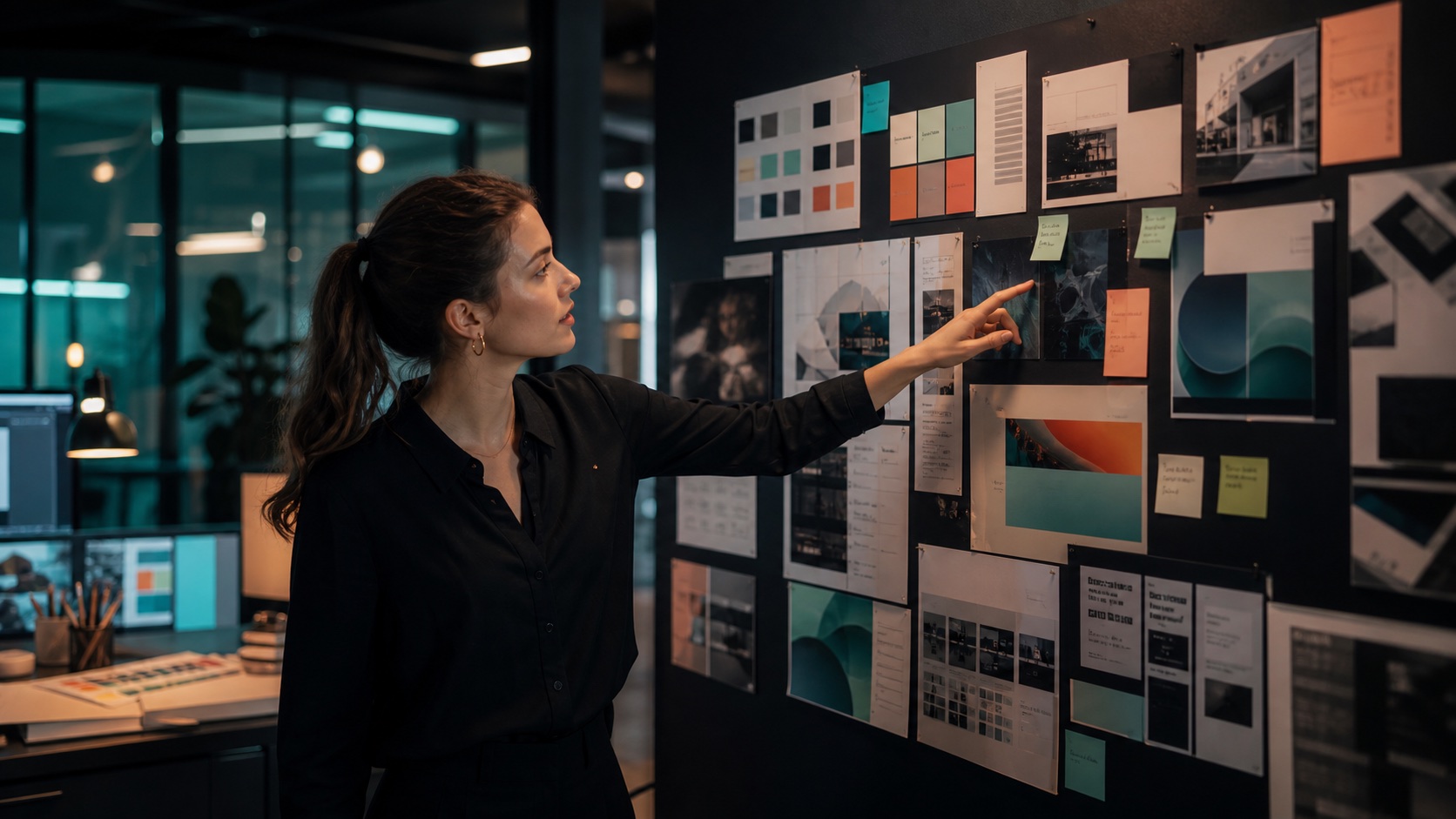 Creative professional pointing at a brand mood board