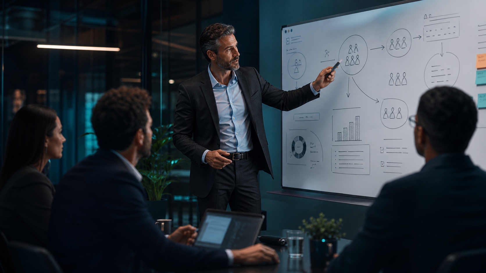 Executive pointing at a strategy whiteboard while their team looks on